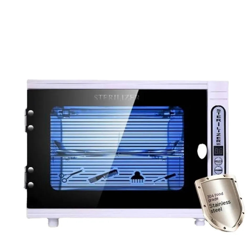 Small silver ultraviolet sterilizer for beauty salon tool disinfection with stainless steel interior