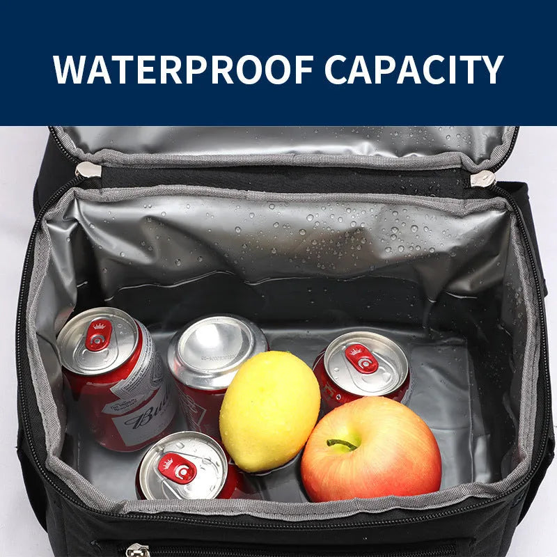 Blue double layer insulated waterproof backpack with a 22L capacity for picnics and camping.