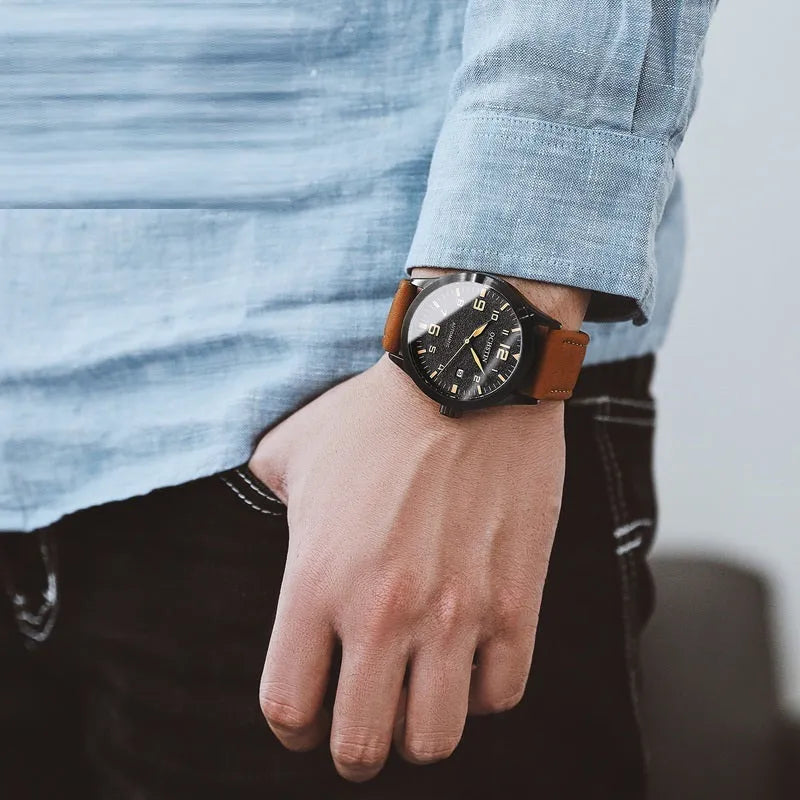 Men's automatic mechanical watch with leather strap and retro business design in multiple colour options