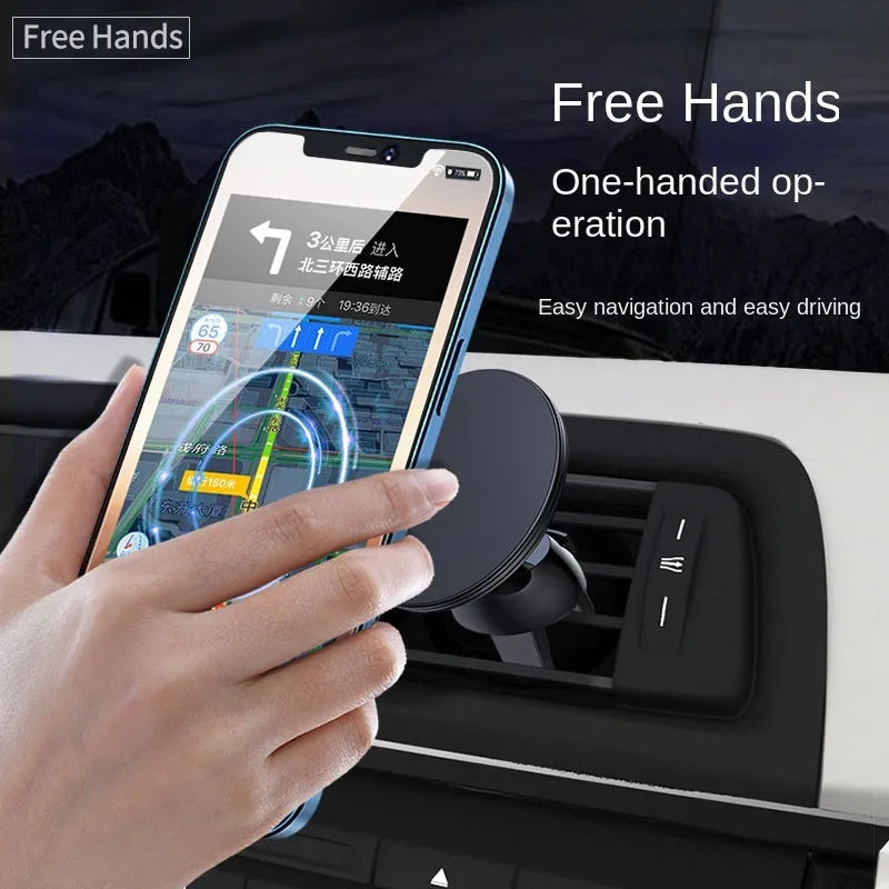 Black aluminium alloy magnetic car phone holder mounted on air vent with smartphone attached