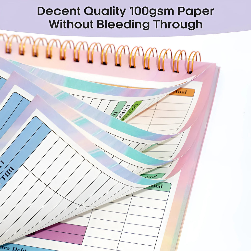 B5 budget tally book with blue PP cover and spiral binding, open on a table.
