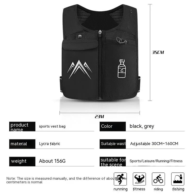 Running vest with integrated phone pouch in breathable mesh fabric, shown in classic black colour