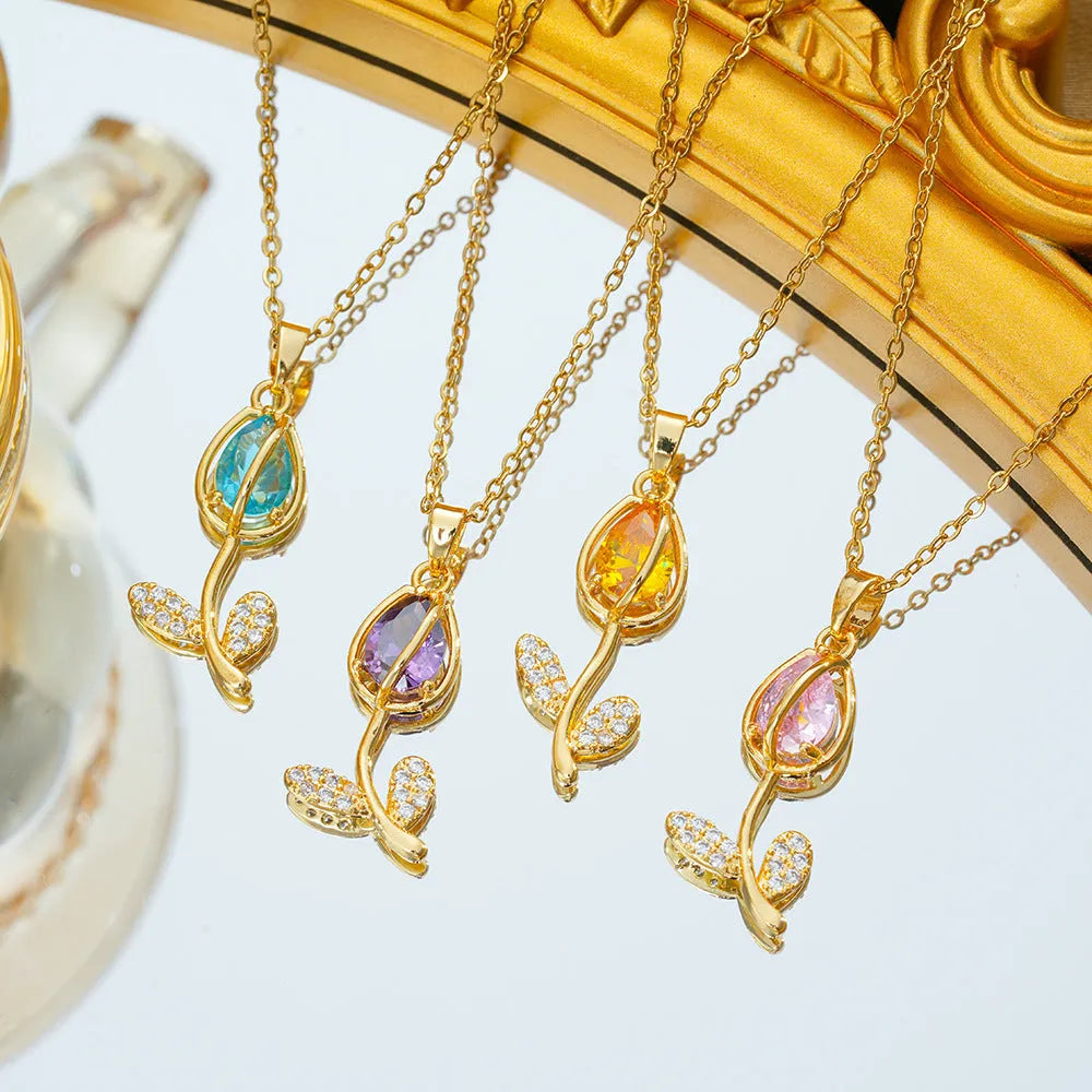 Zircon tulip necklace for women with floral pendant on adjustable titanium steel chain
