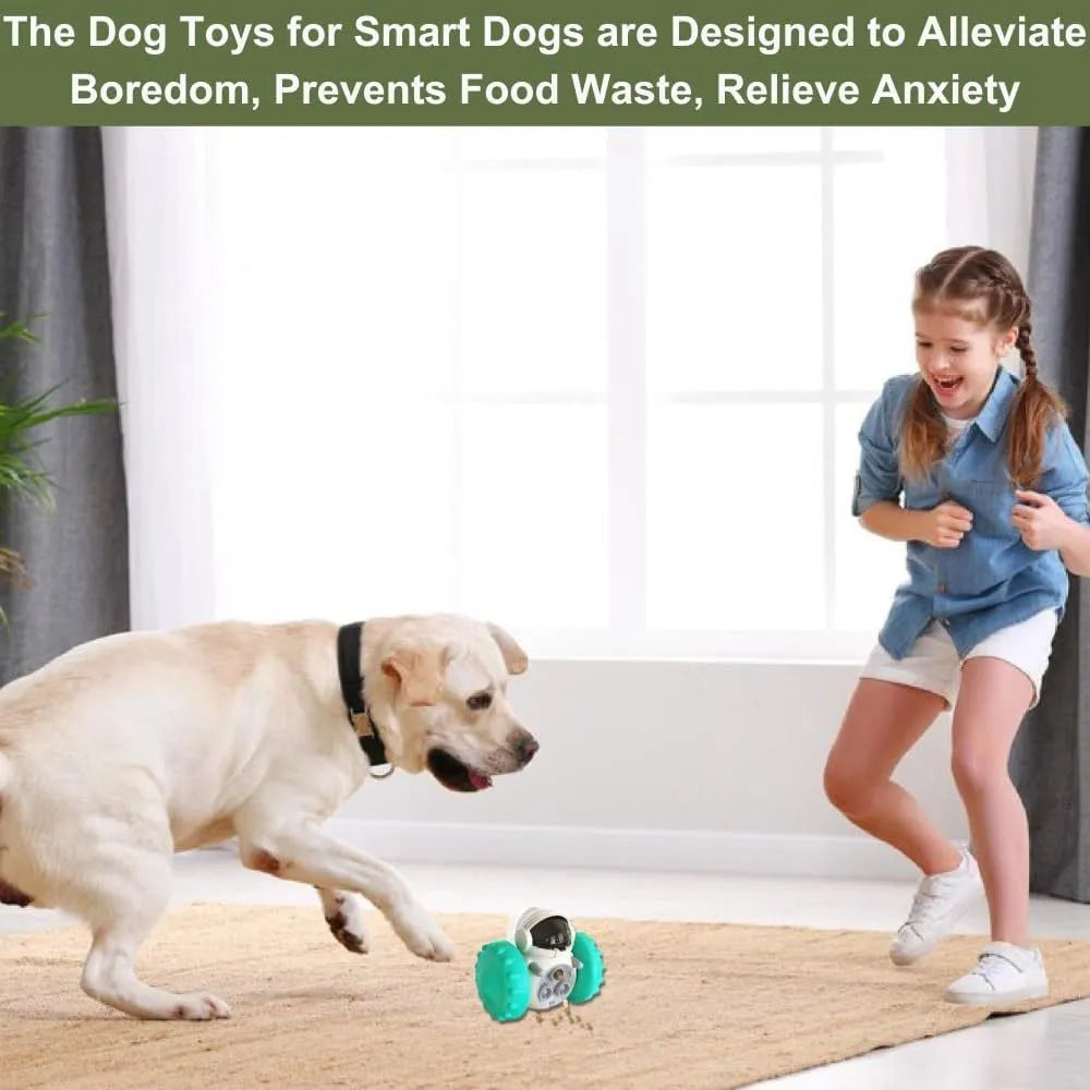 Self-balancing dog treat dispenser toy with robot design for small pets