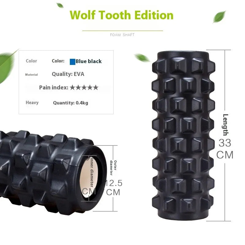 Black foam roller massage stick with gear design, 33cm long, on a plain background.