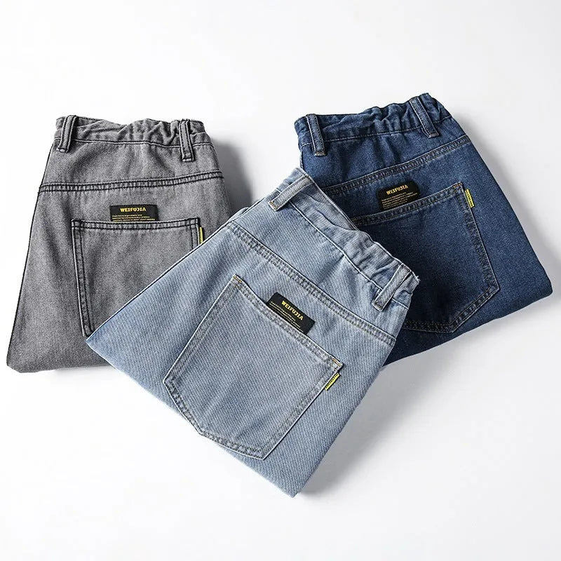Men's loose straight simple jeans in cotton available in dark blue, light blue and grey colours