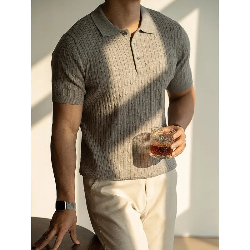 Men's khaki business commute short sleeve top showing Asian sizing options and fabric composition details