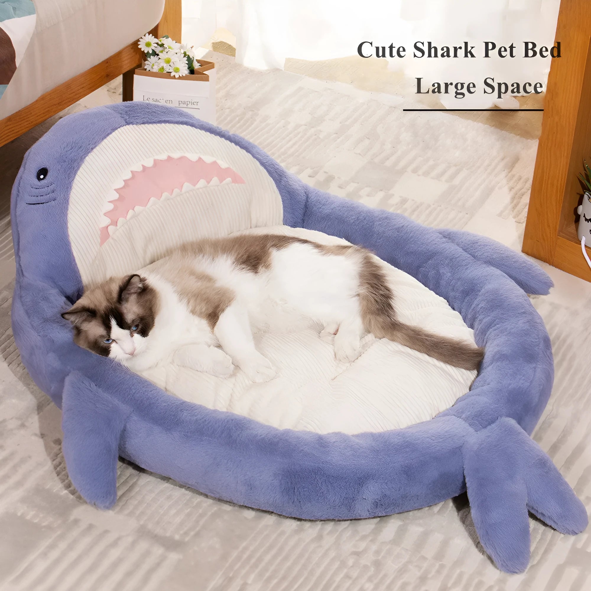 Shark pattern pet bed with velvet fabric and non-slip base in blue colour
