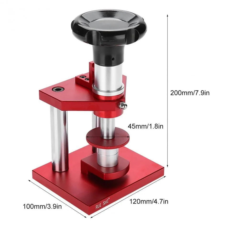 Watch repair spiral presser tool with a set of 20 plastic moulds for pressing on watch back covers.