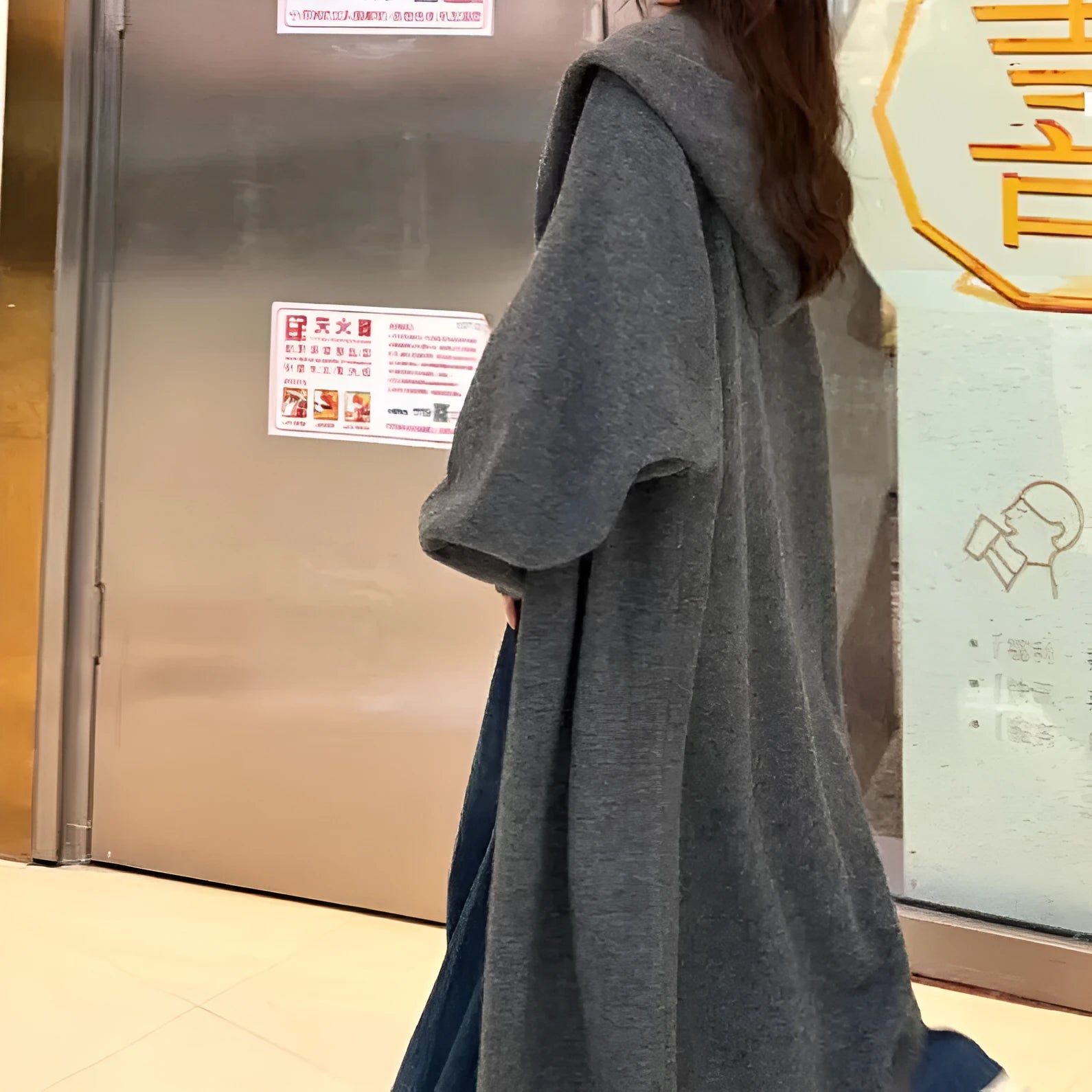 Korean style long hooded cardigan for women in a wool blend, shown in beige, loose below-knee fit.