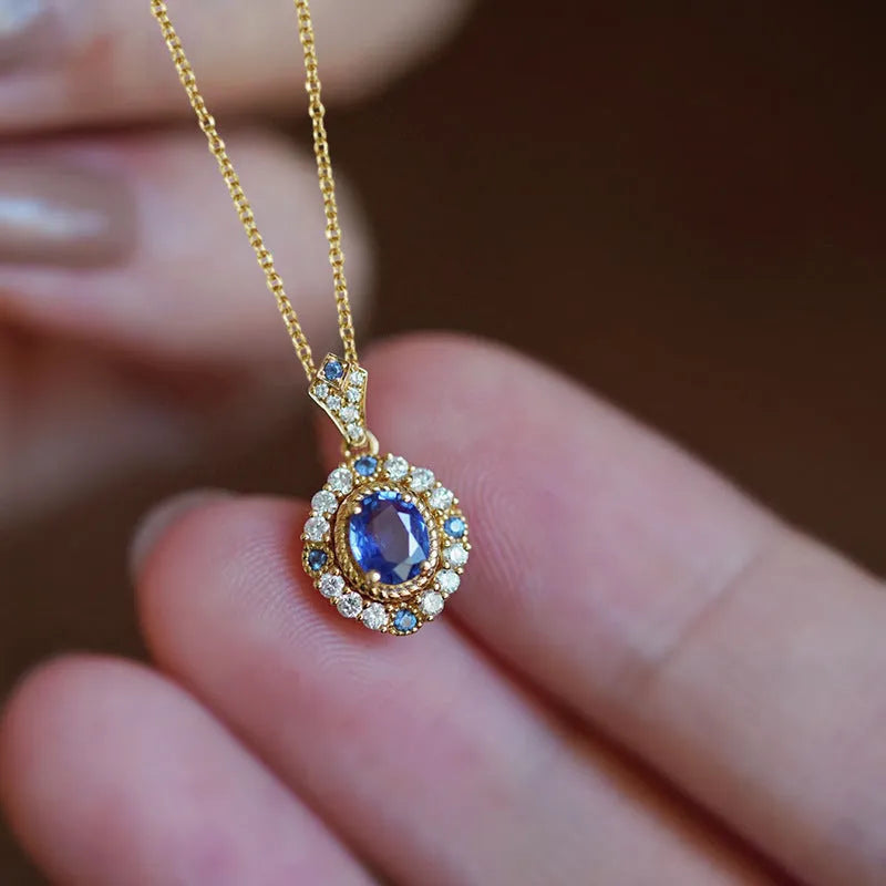Royal necklace with mixed gem inlay pendant on golden box chain, adjustable from 21cm to 50cm