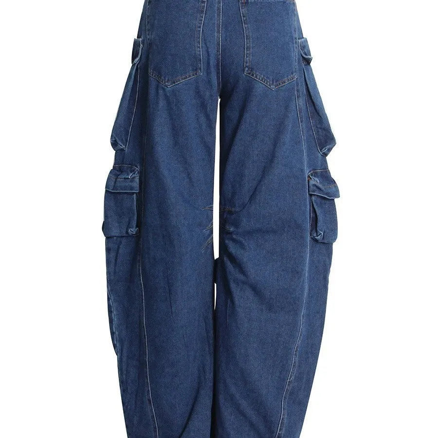 Dark blue distressed women's wide-leg jeans with a high waist and multiple pockets.