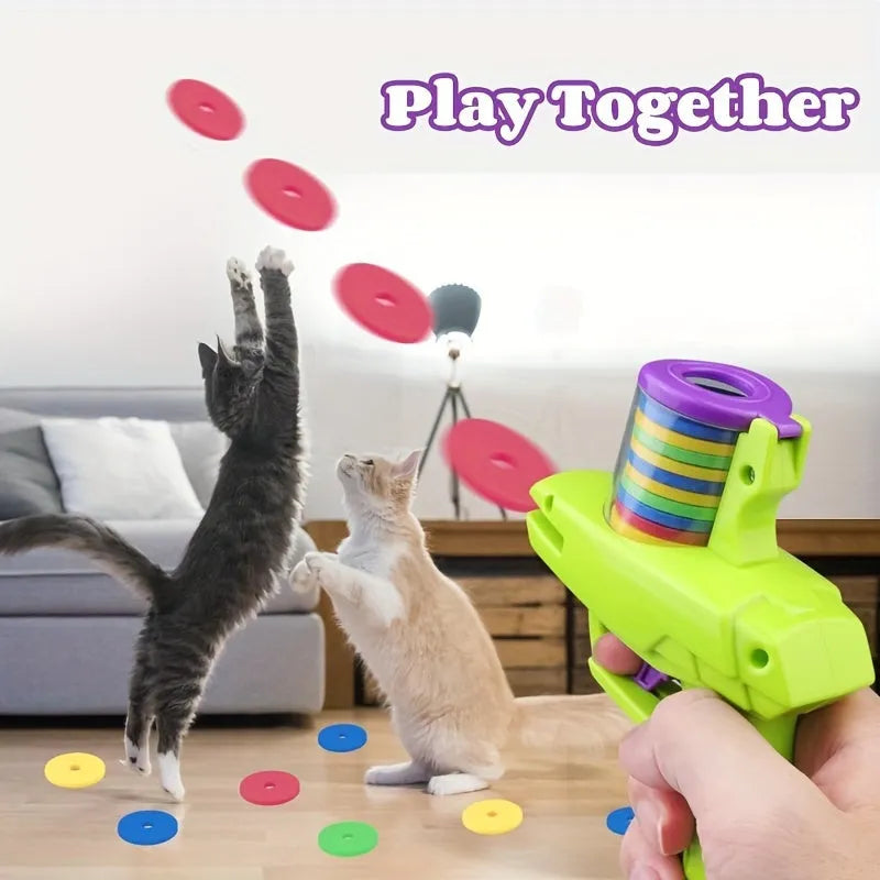 Battery-free cat toy launcher with foam discs in durable plastic construction