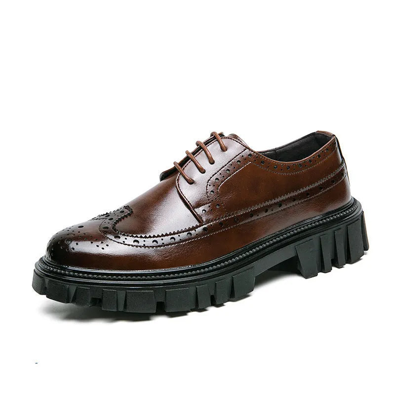 Men's black artificial PU brogue shoes with round toe on a white background.