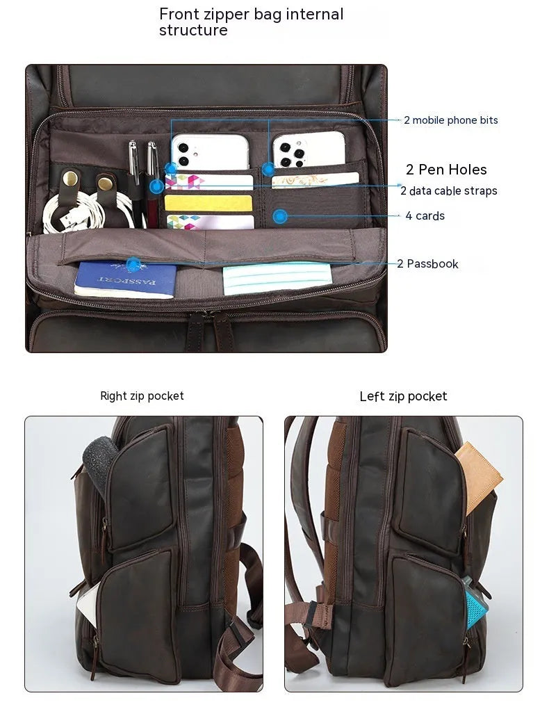 Dark brown retro genuine leather backpack for men with a 17-inch laptop compartment.