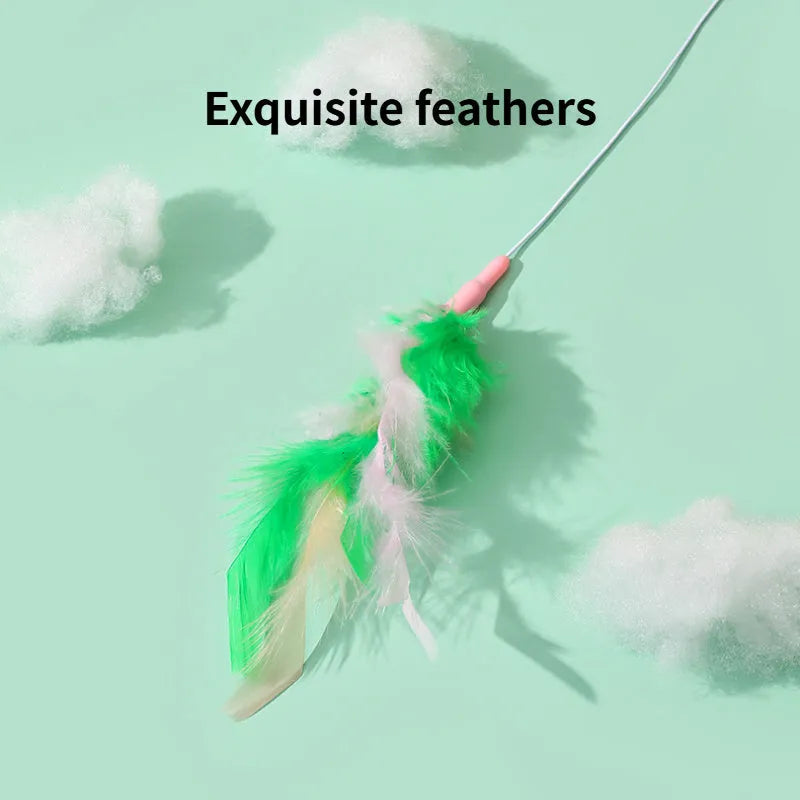 Green interactive cat feather wand toy with bell and colourful refill feathers