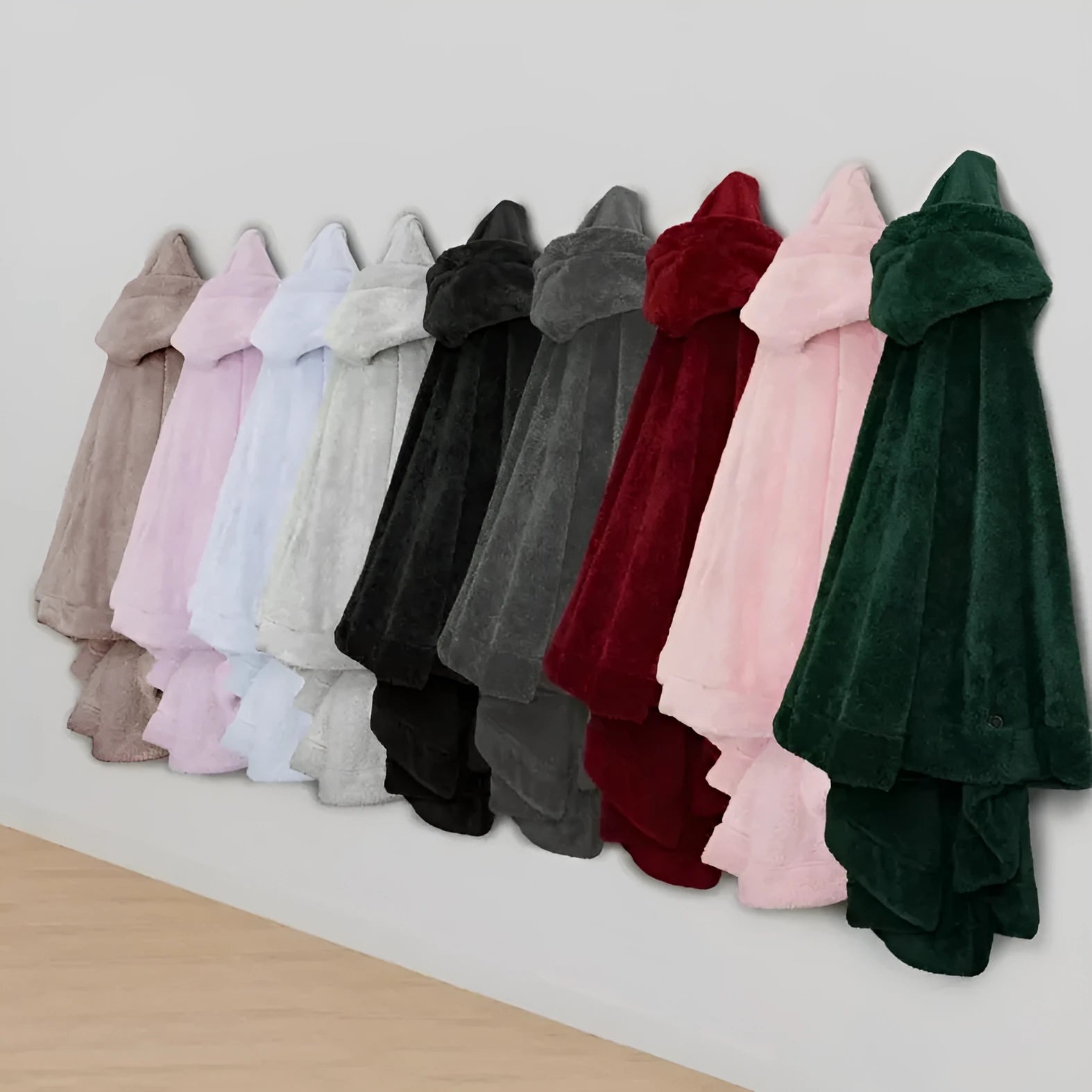 Thickened hooded bathrobe in polyester shown in black, dark grey, and pink colour options.