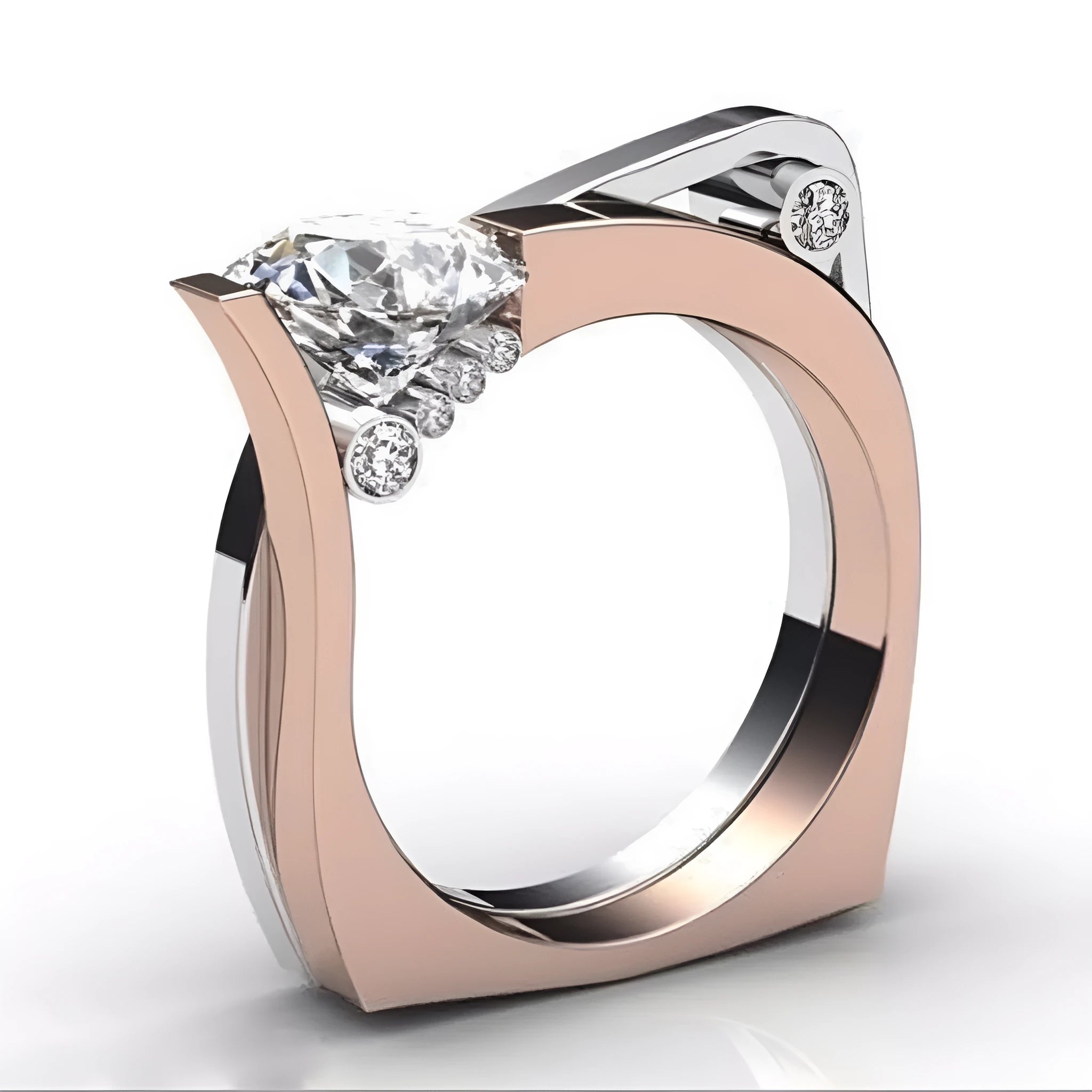 Rose gold electroplated alloy ring with geometric design and zircon inlay detail