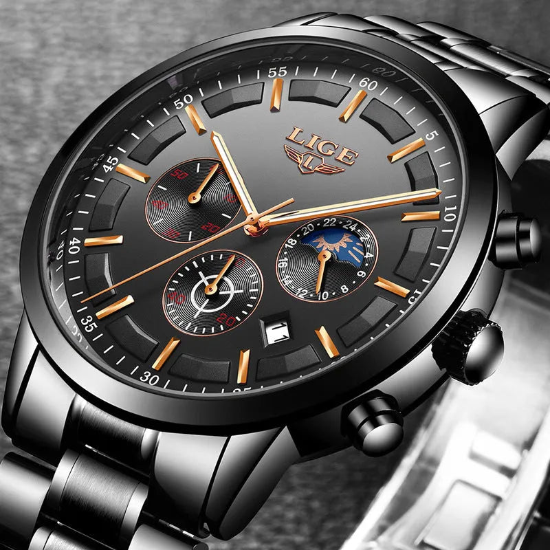 Men's waterproof moon quartz sports watch 12mm thickness black and rose red gold face