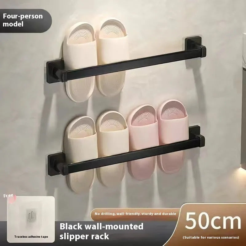 Nordic style wall-mounted bathroom slipper rack with integrated seat in black colour