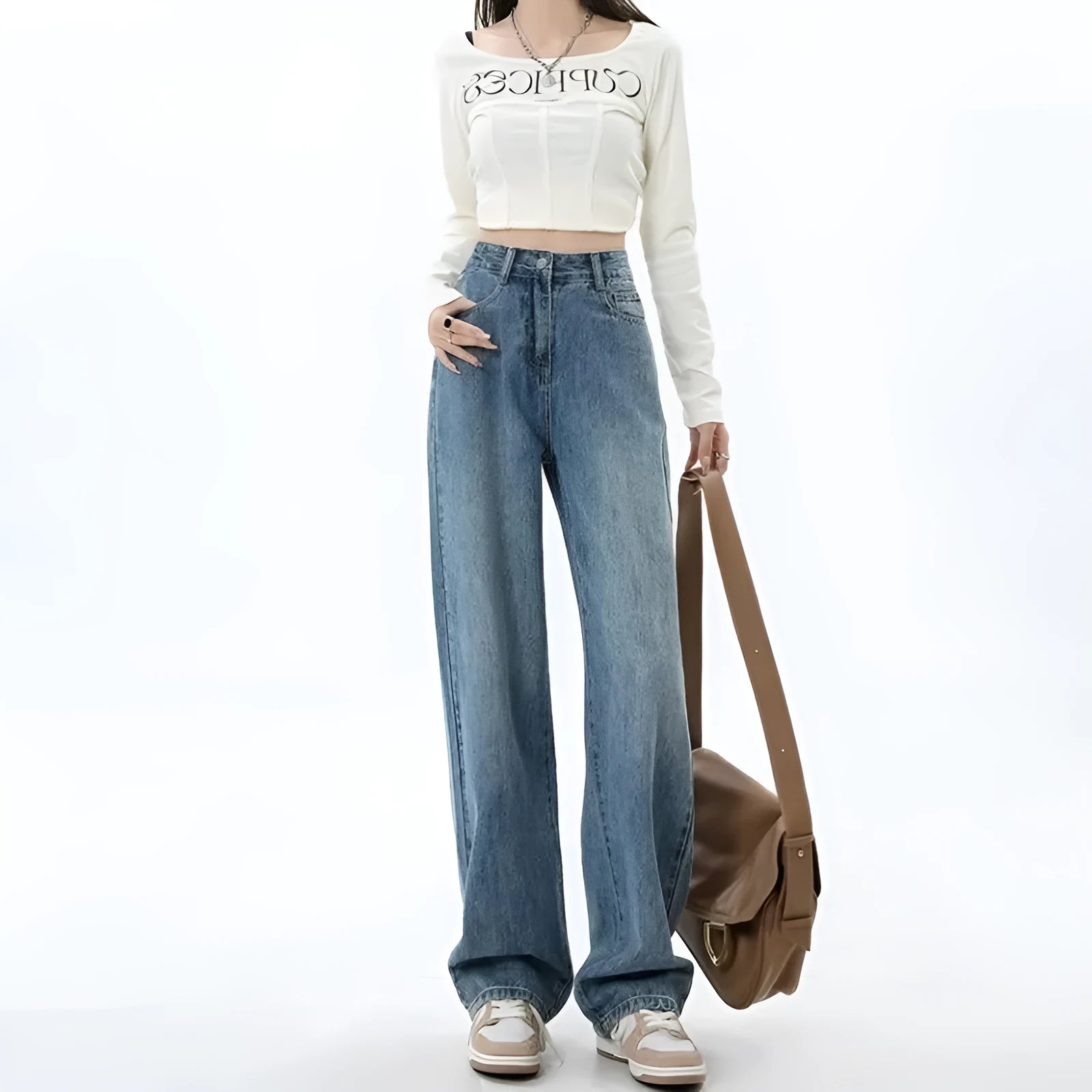 Women's high waist wide leg jeans in retro blue denim with straight leg cut