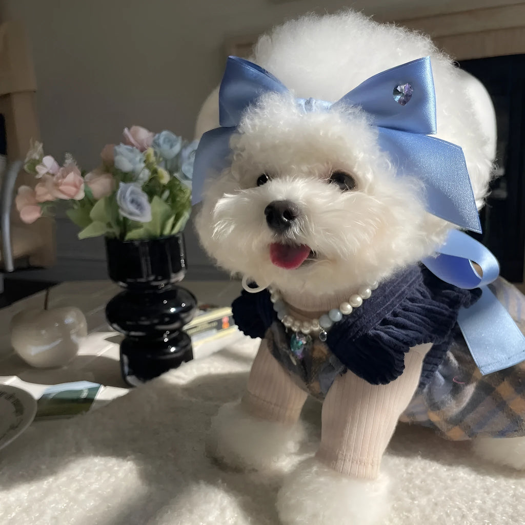 Adjustable dog hair band with princess-style bow on double-sided polyester cotton jacquard ribbon