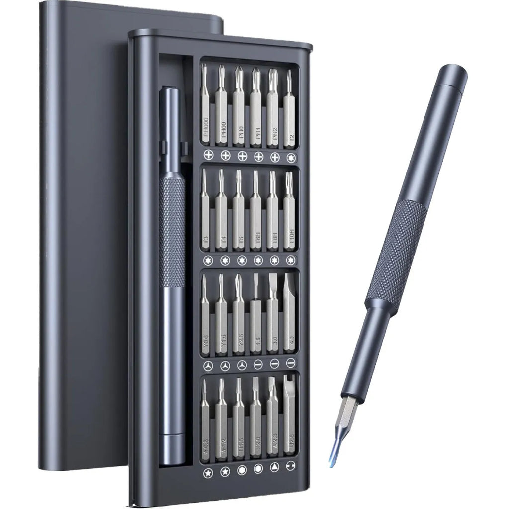25-in-one magnetic screwdriver set with knurled handle and chrome vanadium steel bits.