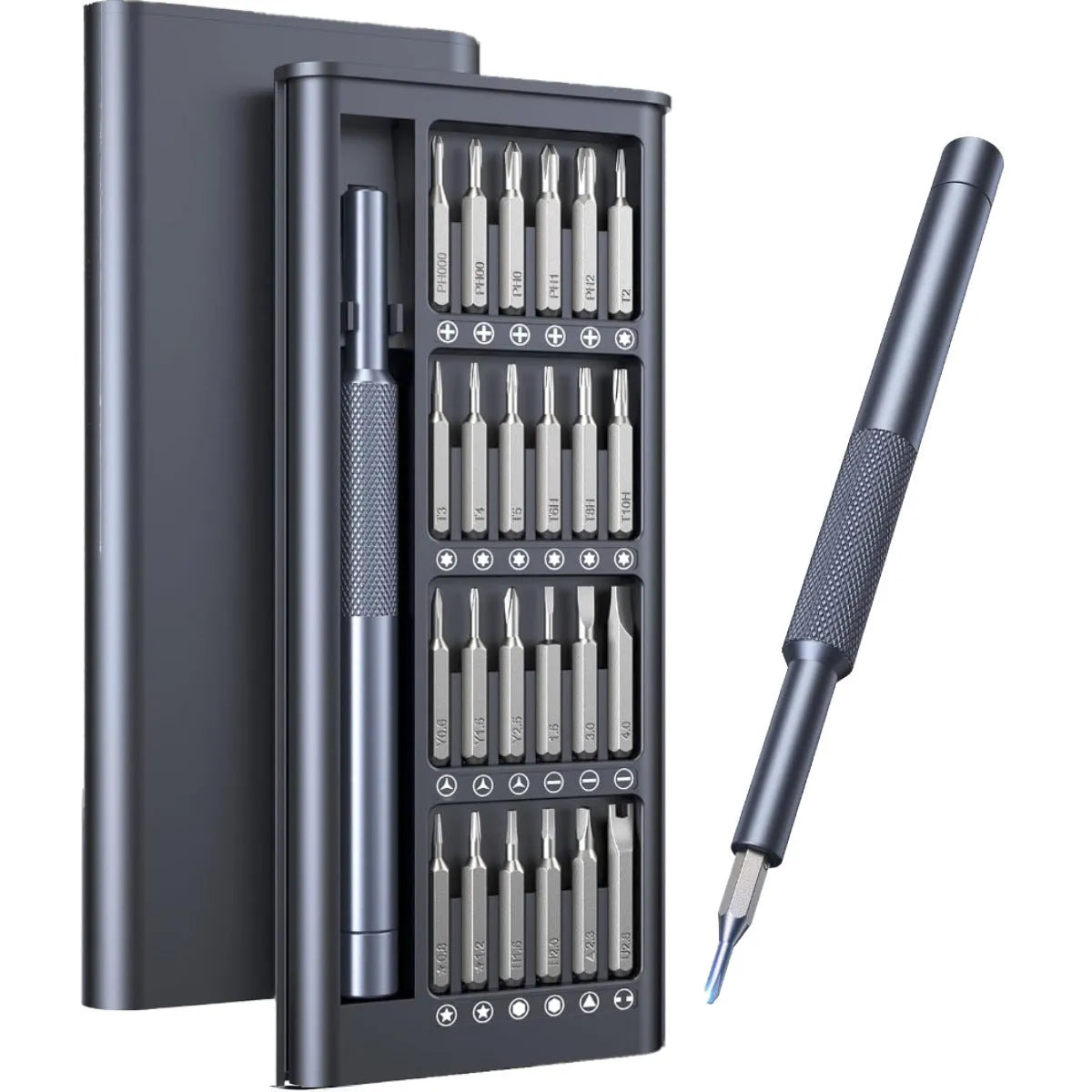25-in-one magnetic screwdriver set with knurled handle and chrome vanadium steel bits.