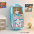 Transparent PVC pencil case with cartoon design showing large capacity interior and zipper closure
