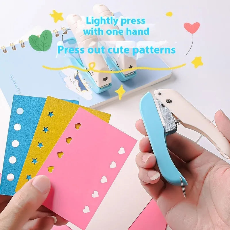 Small manual punching machine with 4mm embossed kindergarten patterns showing Love, Round and Star shapes