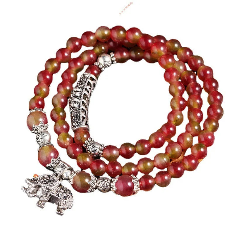 Handmade natural watermelon crystal bracelet with Chinese knot in elephant style geometry design