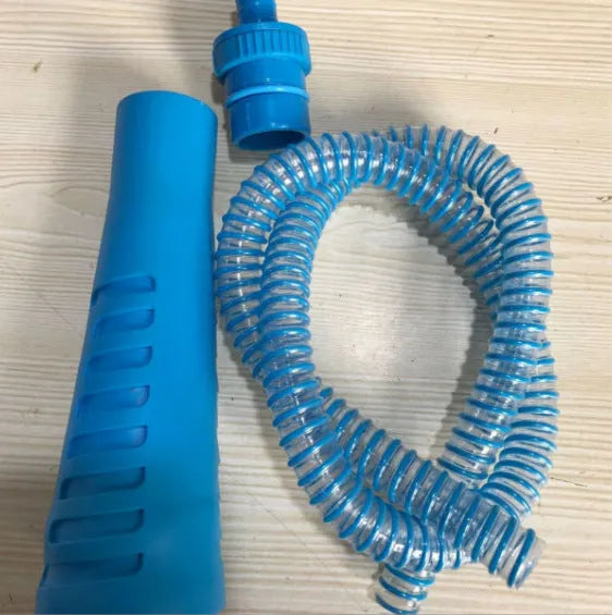Blue and white plastic suction pipe cleaner with round head, 114 cm long, next to a pack of blue opp bags.