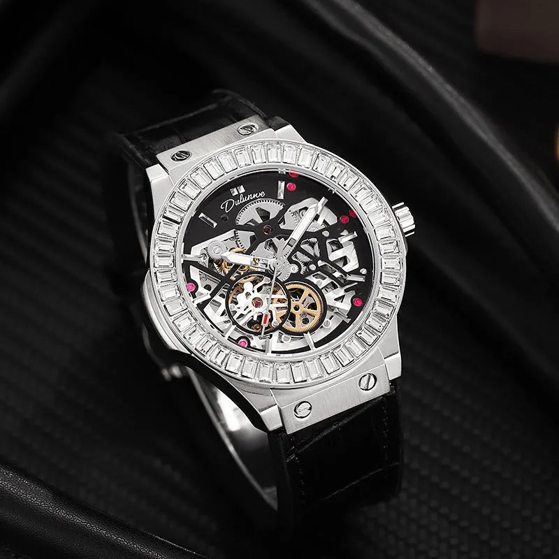 Men's automatic mechanical watch with diamond-studded hollow design and 16mm white case