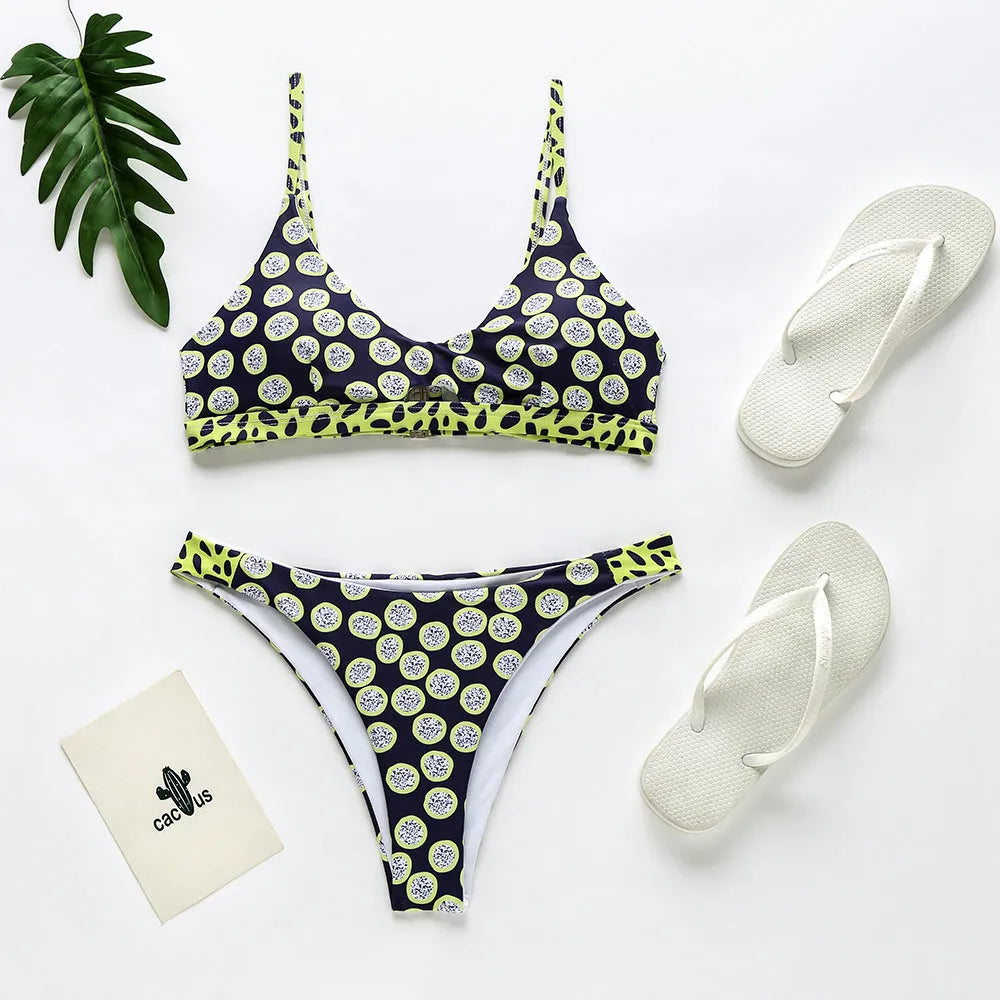 Women's polyester bikini swimsuit in black and white dots or red and white stripes patterns