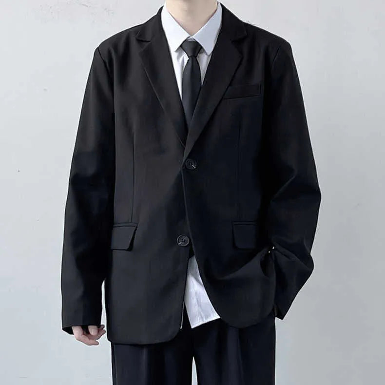 Men's plus size suit jacket with trousers shirt and tie ensemble in college style