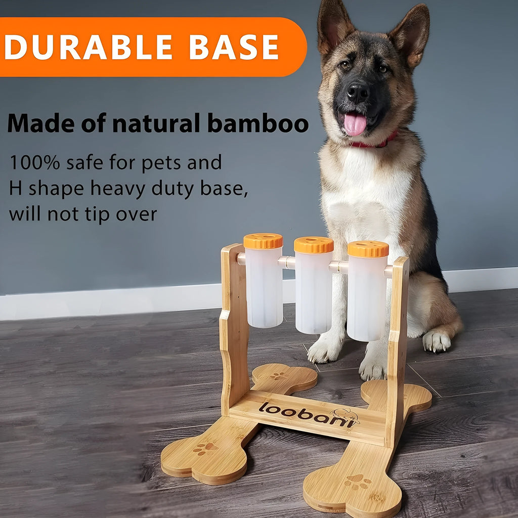 Wooden dog puzzle toy treat dispenser feeder measuring 31x30x20cm