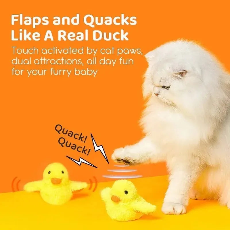 Yellow flapping duck interactive cat plush toy with USB charging cable on a neutral background.