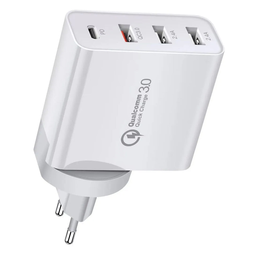 White multi-port fast charger with PD and QC 3.0 showing four USB ports.
