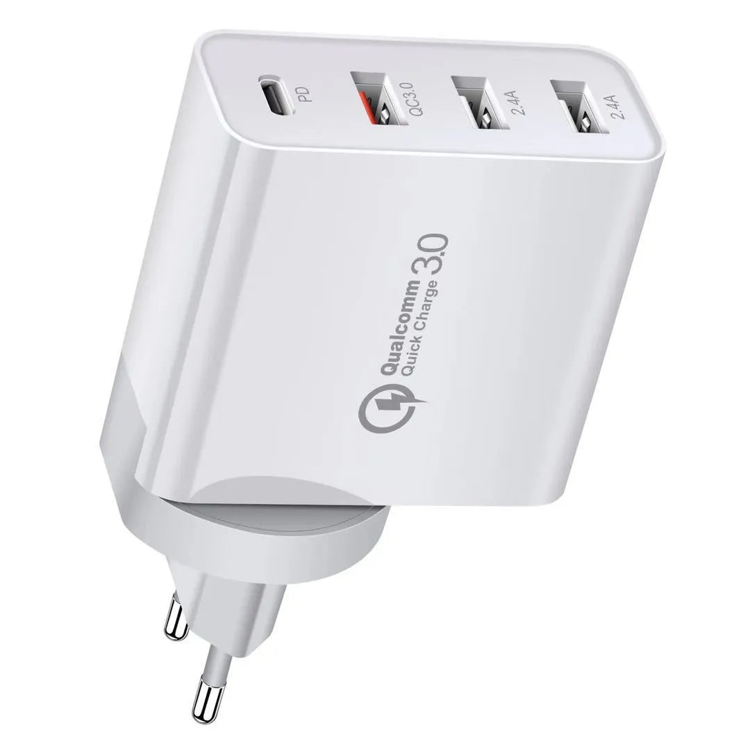 White multi-port fast charger with PD and QC 3.0 showing four USB ports.