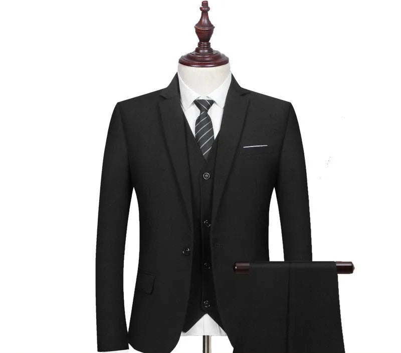 Men's slim fit black business suit set with flat collar and coordinated trousers