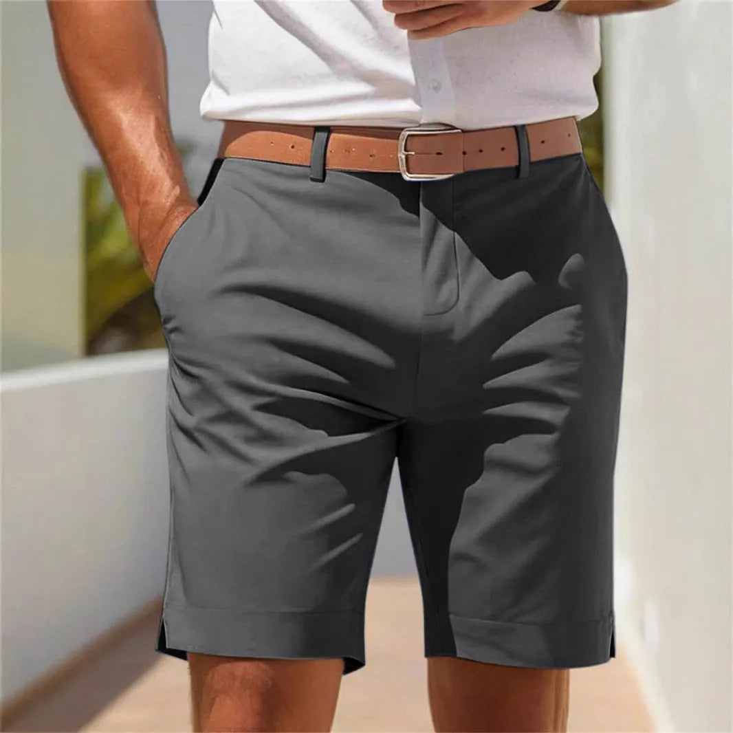 Men's straight cut business shorts in polyester fabric showing light grey colour option