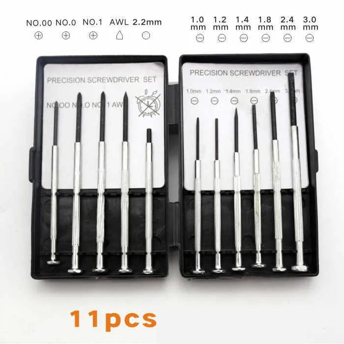 TH-6177 11-piece clock screwdriver set with cross and one line heads on display