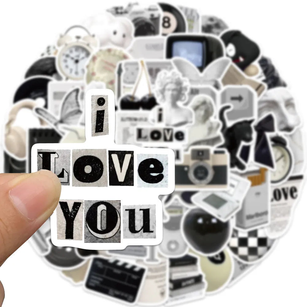61-piece black and white PVC waterproof stickers for laptops and coffee cup painting