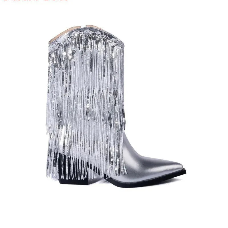 Women's black chunky heel boots with tassel detail on a mid-calf PU leather shaft.