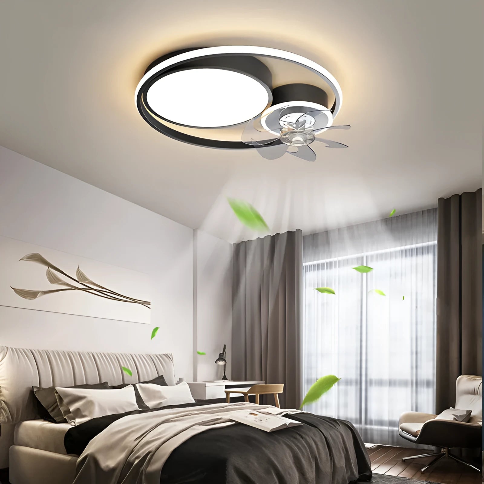 Nordic style ceiling fan with light, showing 48cm metal blades and an acrylic lampshade in a gold finish.