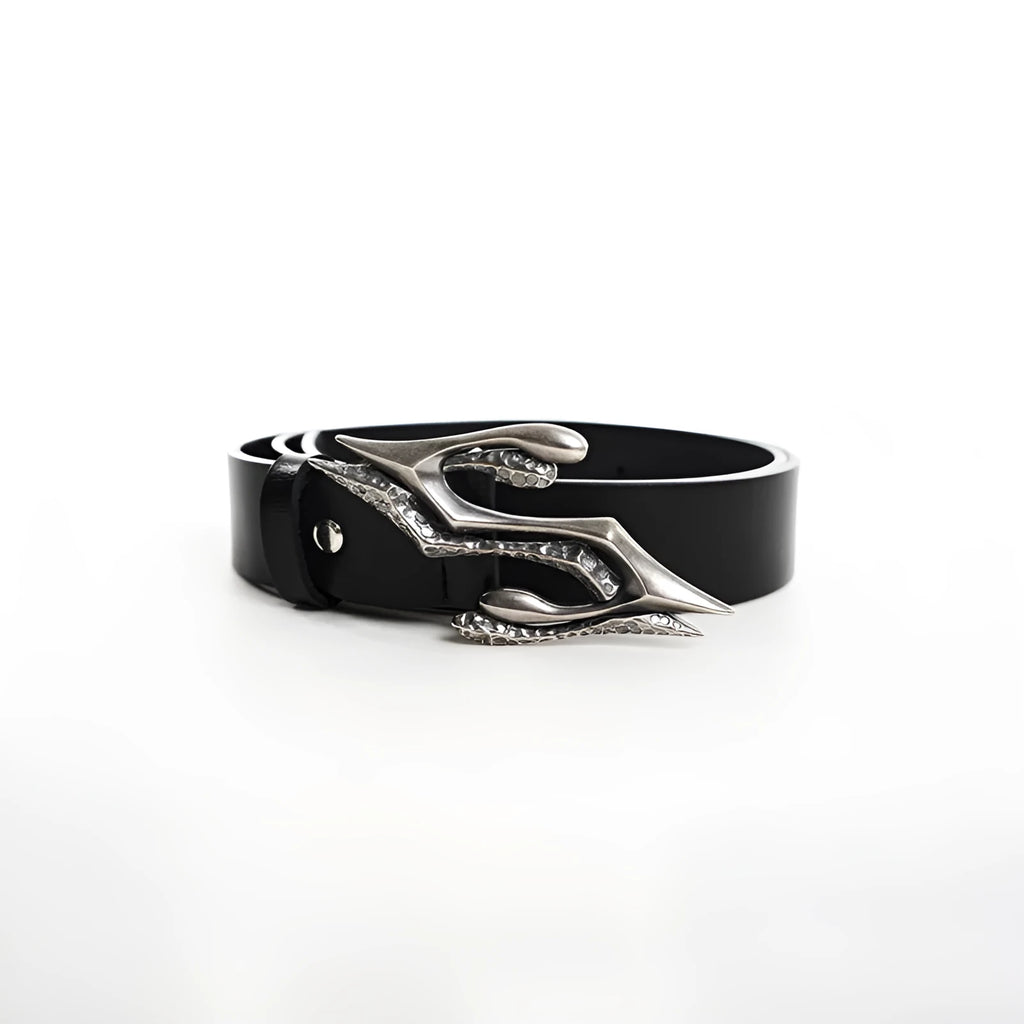 Black men's leather belt with metal letter buckle on two-layer cowhide strap.