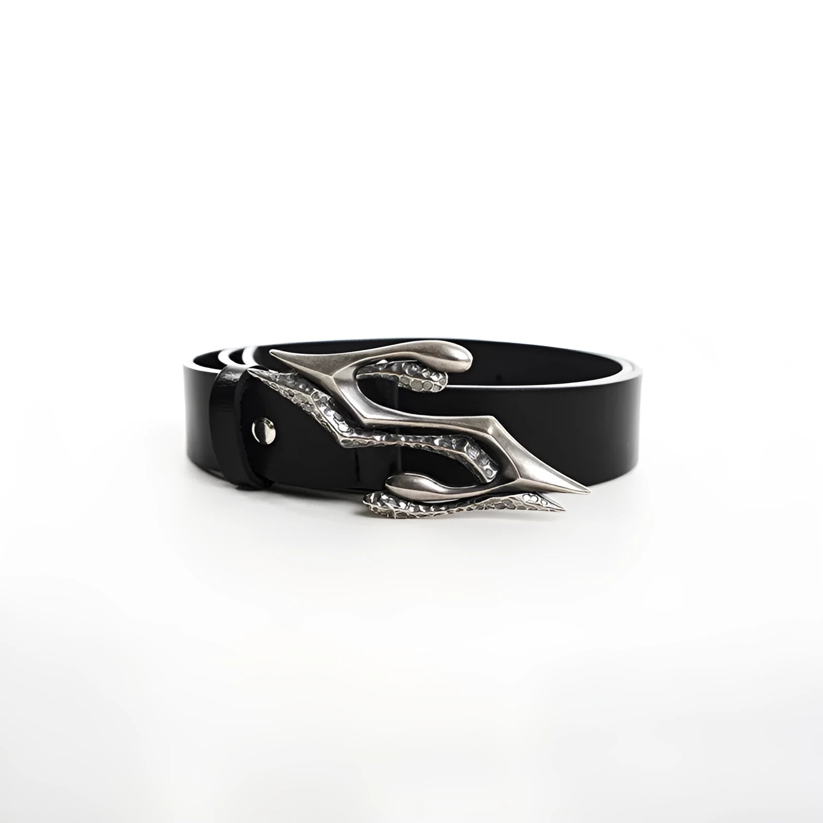 Black men's leather belt with metal letter buckle on two-layer cowhide strap.