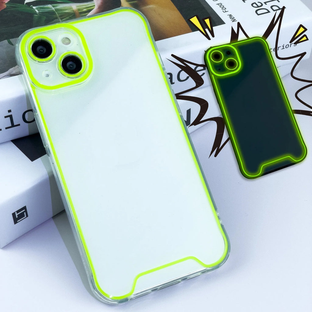 Glow in the dark Christmas phone case for iPhone in blue, green, orange, pink, and yellow colours.