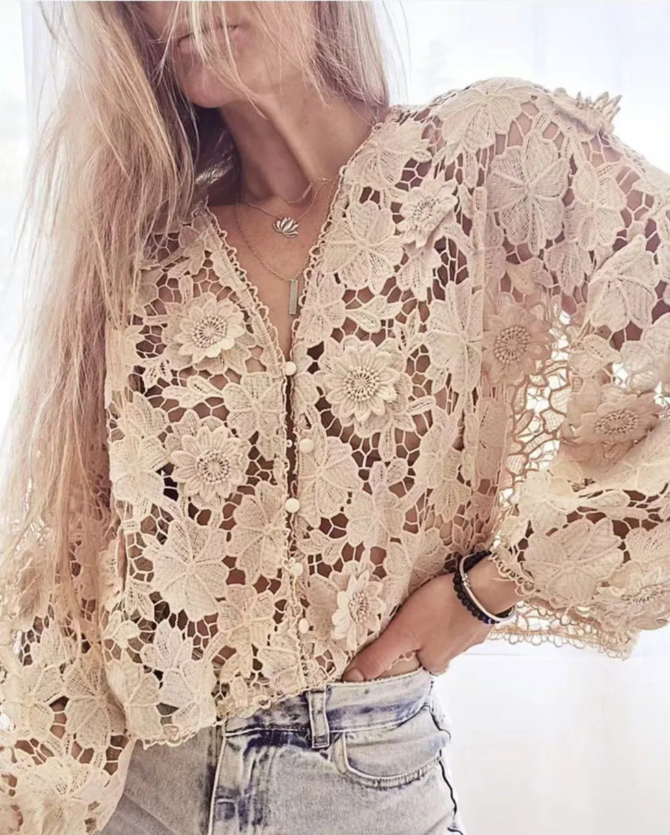 Women's loose polyester lace cardigan with three-dimensional flower decoration at V-neck and hollow long sleeves.