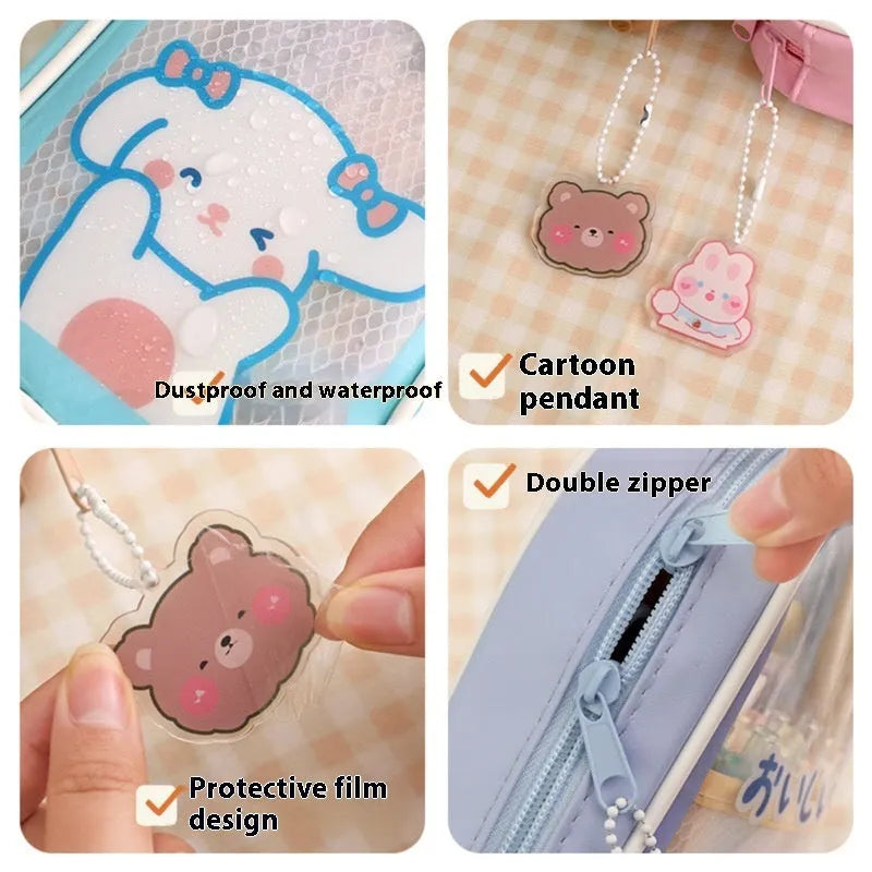 Transparent PVC pencil case with cartoon design showing large capacity interior and zipper closure